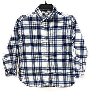 Old Navy Flannel Shirt Plaid Women's Size XS  Boyfriend Petite White Blue Black
